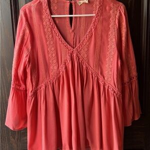 ALTER'D STATE Crochet Bell Sleeve Tunic Peasant Boho Top Size Smal S Coral